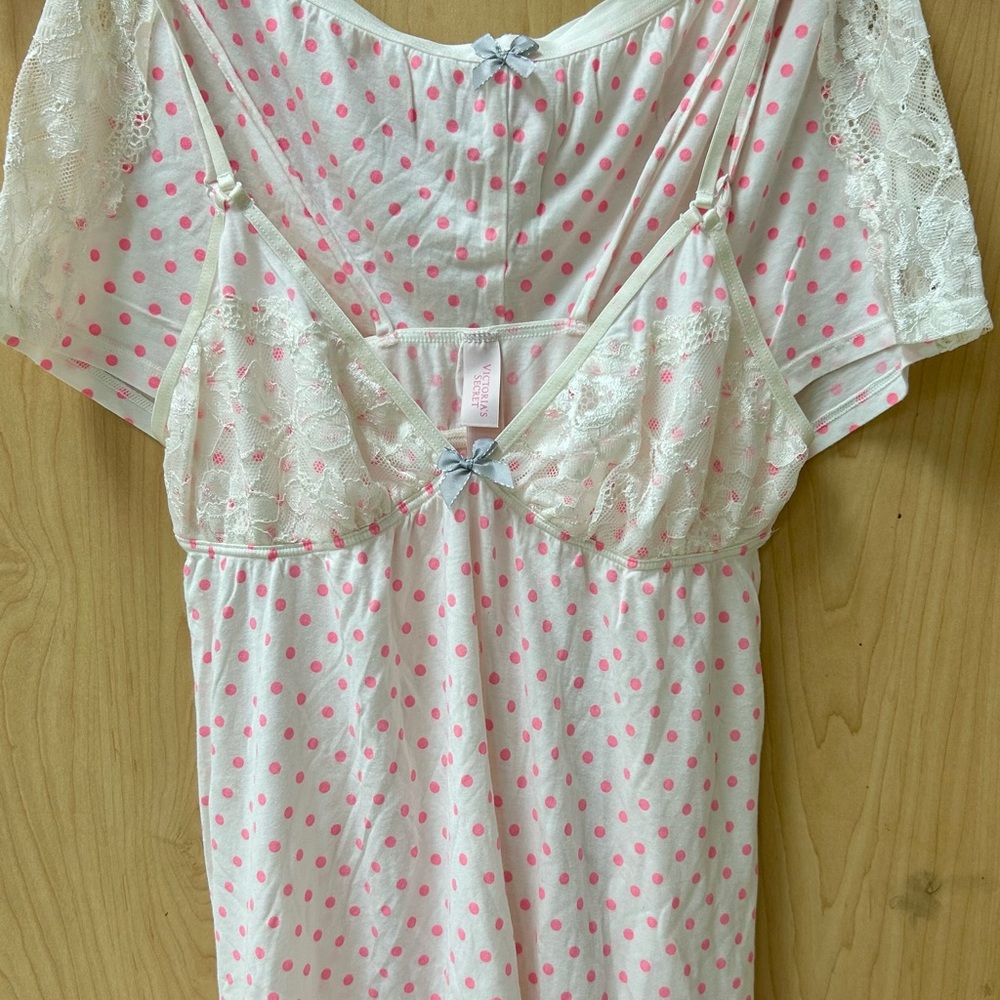 Victoria's Secret White and Pink Polka Dot Lace Chemise S NWOT